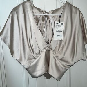Zara Backless Short Sleeved Satin Cropped Top